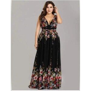 Ever Pretty Floral V-Neck Chiffon Formal Party Dress Black Multi Sz 20 Plus NEW